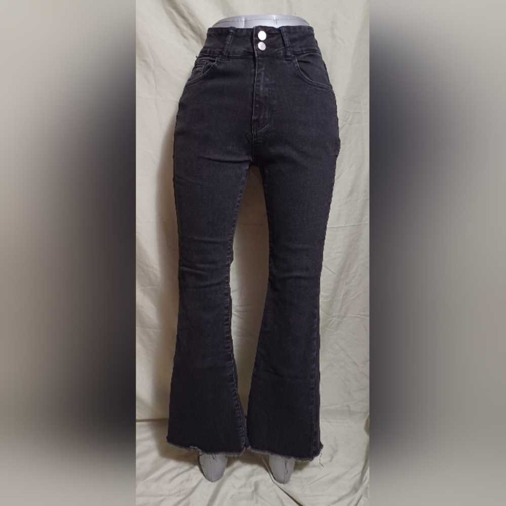 Dazy Black Frayed Flare Leg High Waist Denim Jeans